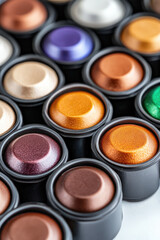 Colorful coffee capsules arranged in rows on a surface. Variety of coffee capsule flavors