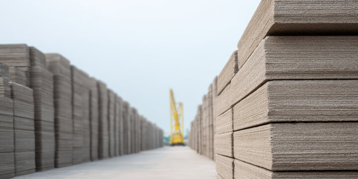 Stacks of concrete slabs are lined up in parallel rows, with a crane visible in the distance. Industrial construction scene