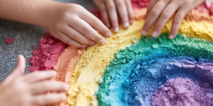 Children's hands playing with colorful sand arranged in a rainbow pattern. Creative play, sensory activity, childhood imagination