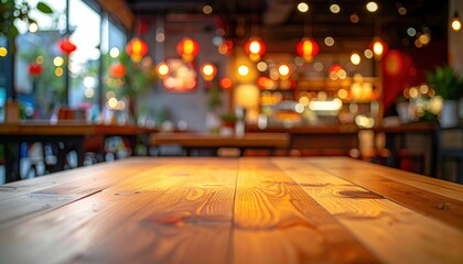 Warm wooden table in contemporary restaurant setting with ambient lighting