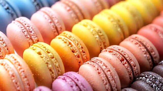 Colorful macarons arranged in rows