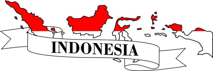 The map of Indonesia overlaid with the Indonesian flag and its name written on a ribbon