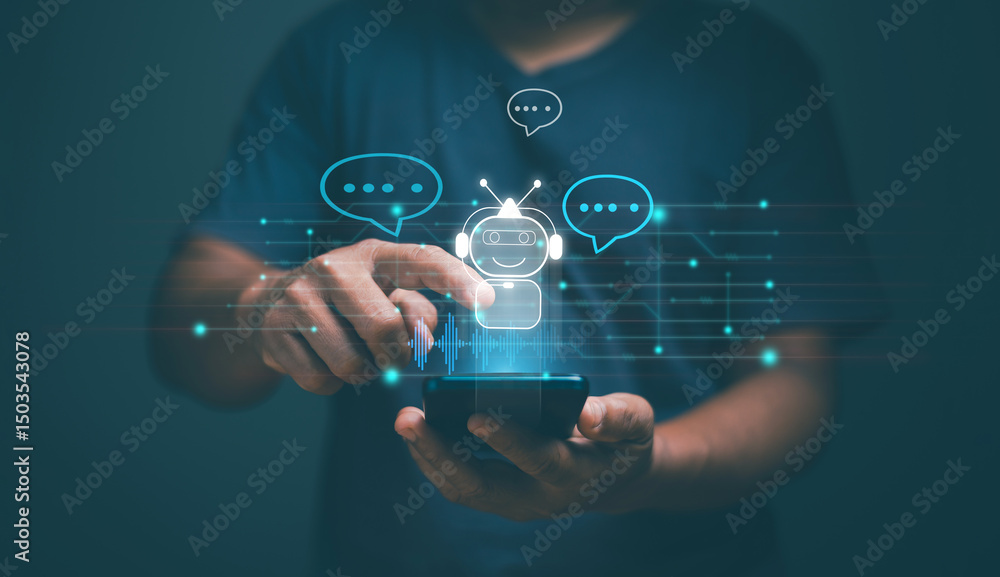 Aufkleber chat with ai or artificial intelligence technology, businessman using smartphone chatting online wit