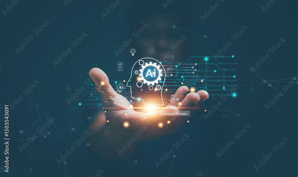 Aufkleber artificial intelligence or ai of futuristic technology concept, hand holding virtual ai technology a