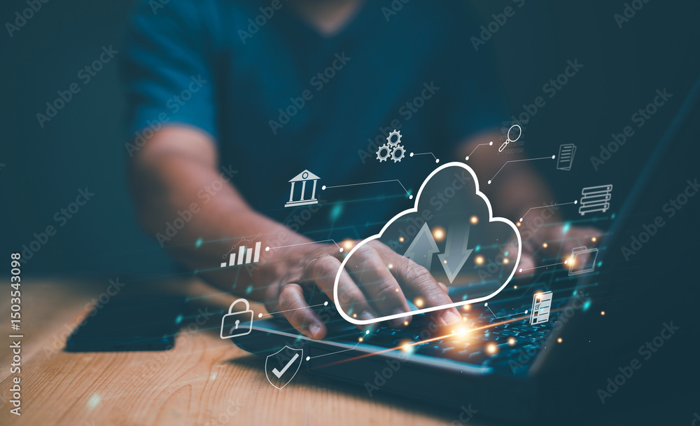 Leinwandbilder Cloud computing technology concept. Businessman using laptop for connect to cloud computing network. Online data storage. Big data. Document sharing and storage. Networking and internet service.