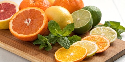 Fresh Citrus Fruit Assortment on Wooden Board with Mint Including Grapefruit Orange Lemon and Lime Whole and Sliced for Healthy Eating and Vitamin C Boost