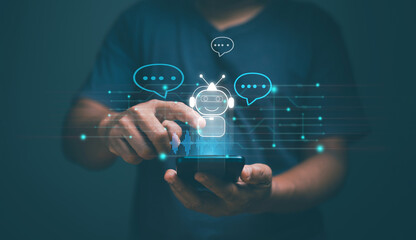 Chat with AI or Artificial Intelligence technology, Businessman using smartphone chatting online with ai chatbot. Futuristic technology, Online automation chatbot. Conversation assistant.