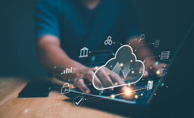 Cloud computing technology concept. Businessman using laptop for connect to cloud computing network. Online data storage. Big data. Document sharing and storage. Networking and internet service.