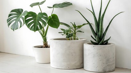 Fototapeta premium Minimalist Indoor Plants in Concrete Pots Against a White Wall Featuring Monstera Deliciosa Alocasia and Sansevieria Creating a Serene and Modern Interior Aesthetic