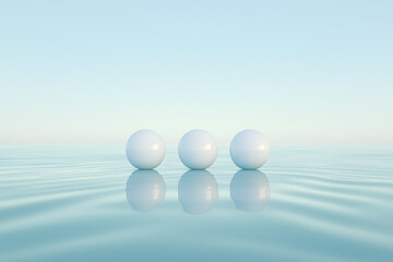 Three spheres floating on calm water.