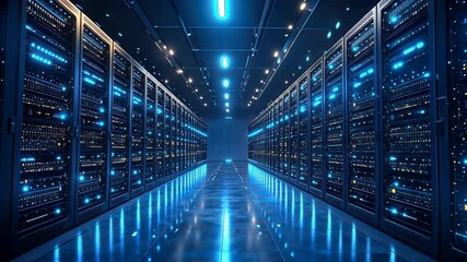 Server Room Vista: A futuristic server room, showcasing rows of data storage units bathed in cool, blue lighting, creates a sense of technological prowess and the digital frontier. 