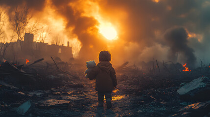 Lonely Child with Teddy Bear Walking Through War Torn Ruins at Sunset for Emotional Landscape Imagery