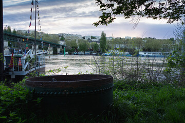 Seine embankment at the evening and night. Spring in Paris. Blossom and architecture. Insects and...