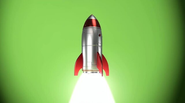 3D render of a cartoon-style silver and red rocket with bright engine glow standing on a green screen background, ready for launch or lift-off, isolated for chroma key use, representing space travel, 