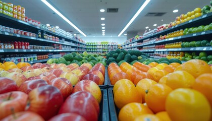 View of fresh fruits in a supermarket aisle with colorful display
