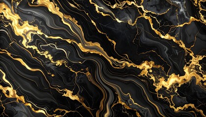 Liquid black marble with gold textures. Luxury pattern, golden, fluid illustration