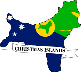 The map of Christmas Islands overlaid with the flag of Christmas Islands and its name written on a ribbon