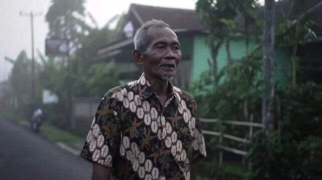 Elderly man walking through misty village