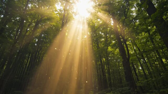 Dramatic golden sunbeams and light rays filter through the dense green canopy of a vibrant forest, illuminating floating dust particles. This low angle view captures the magical and ethereal beauty of