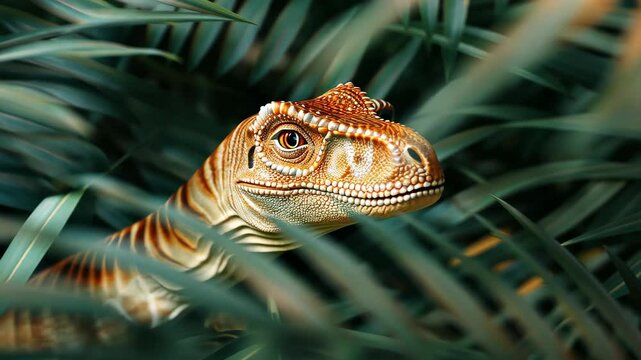 Cryolophosaurus dinosaur lurking amidst lush foliage with realistic scales and eye, evoking a sense of prehistoric mystery.