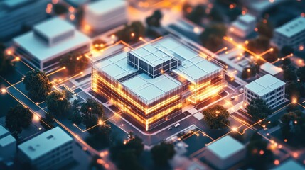 Aerial view of modern commercial building with illuminated features and urban setting