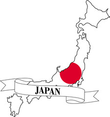 The map of Japan superimposed with the Japanese flag and its name written on a ribbon