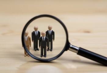 Fototapeta premium Businessmen Figurines Under Magnifying Glass on Wooden Surface 