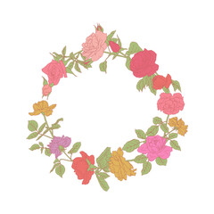 Hand drawn line art retro palette rose flowers round wreath isolated on white background. Vintage romantic floral frame vector illustration