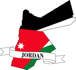 The map of Jordan overlaid with the Jordanian flag and its name written on a ribbon