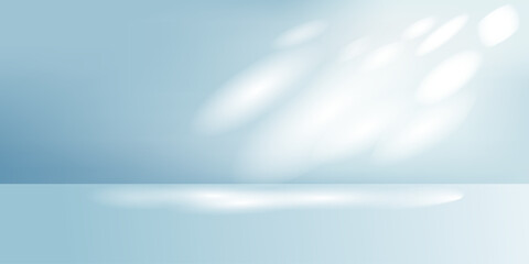 Light blue background with intricate light and shadow from the window shining on the wall and floor. Simple abstract pattern backdrop for product display. Art & Illustration