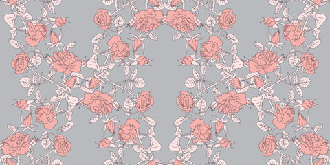 Vintage seamless pattern with hand drawn pink rose flowers on gray background. Art nouveau style floral repeat wallpaper. Vector illustration