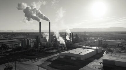 Aerial view of industrial facility with smoke stacks in black and white