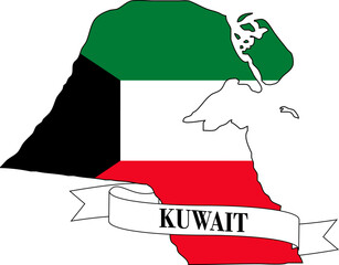 The map of Kuwait overlaid with the flag of Kuwait and its name written on a ribbon