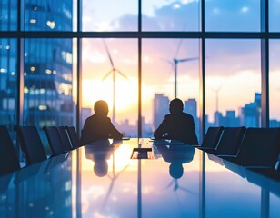 Business meeting silhouette against sunset with wind turbines