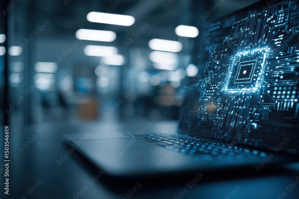 Poster a laptop displaying digital circuitry on the screen. keyboard and technology components surround the