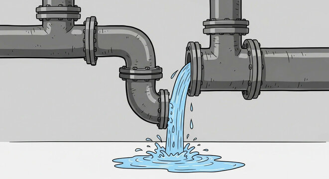 Leaking pipe with flowing water, cartoon illustration isolated on white background. Concept of economical water consumption.