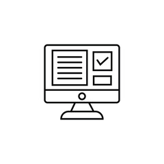 Black and white line icon of a desktop computer screen displaying a checklist interface. Ideal for app UI, task management, online forms, or digital productivity themes.