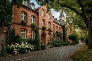 Charming Brick Mansion with Lush Gardens and Cobblestone Pathway Ideal for Historical Archite