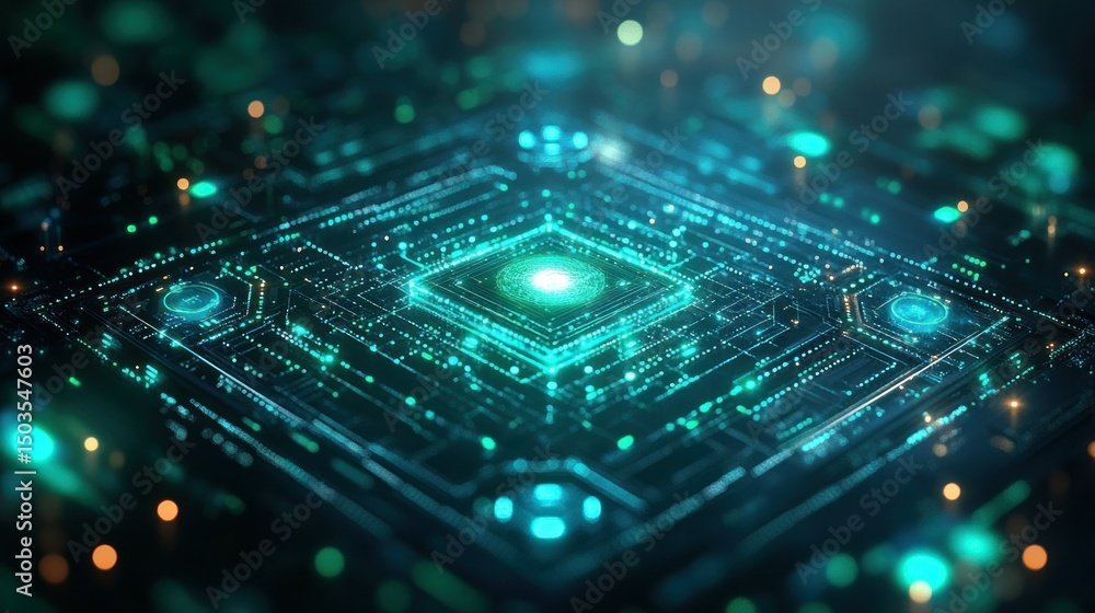 Poster glowing central processing unit in digital network