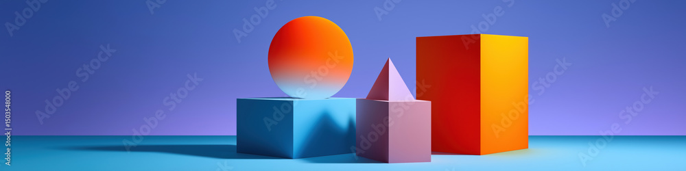 Poster a blue background with a red square, a blue square and a red square. the squares are in different co