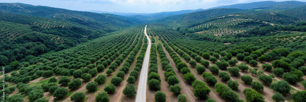 Poster a road runs through a field of olive trees. the road is empty and the trees are lush and green. the 