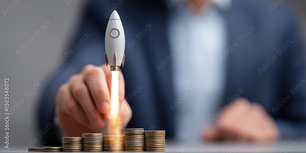 Poster a man is holding a rocket and a pile of coins. the coins are arranged in a pyramid shape on a table.