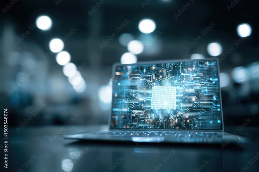 Poster a laptop displaying digital circuitry on the screen. keyboard and trackpad are visible in the foregr