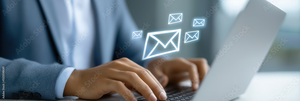 Poster a man is typing on a laptop with a large number of emails displayed on the screen. concept of a busy