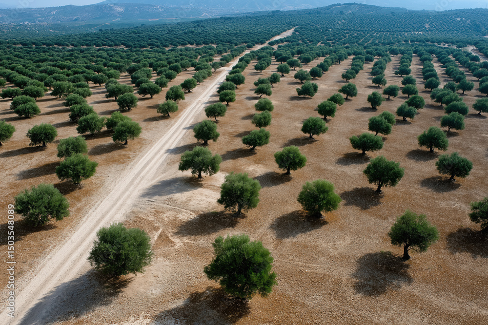 Poster a barren desert with a road running through it. the road is empty and the trees are sparse