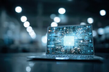 A laptop displaying digital circuitry on the screen. Keyboard and trackpad are visible in the foreground.