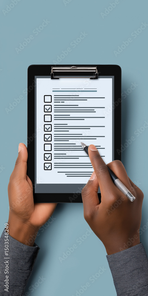 Poster a person is holding a tablet with a checklist on it. the person is using a pen to check off items on