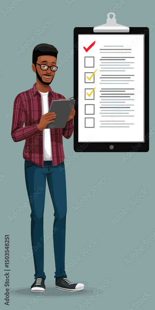 Poster a man is standing in front of a white board with a red check mark on it. he is holding a tablet in h