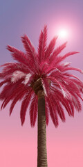 A tall palm tree with pink leaves is the main focus of the image. The pink color of the tree creates a warm and inviting atmosphere, evoking feelings of relaxation and tranquility