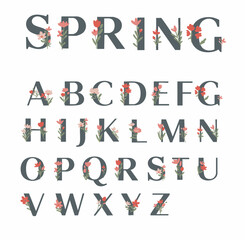 Elegant floral alphabet with red and pink flowers. Serif uppercase letters with spring botanical decorations, ideal for wedding designs, greeting cards, and seasonal branding.